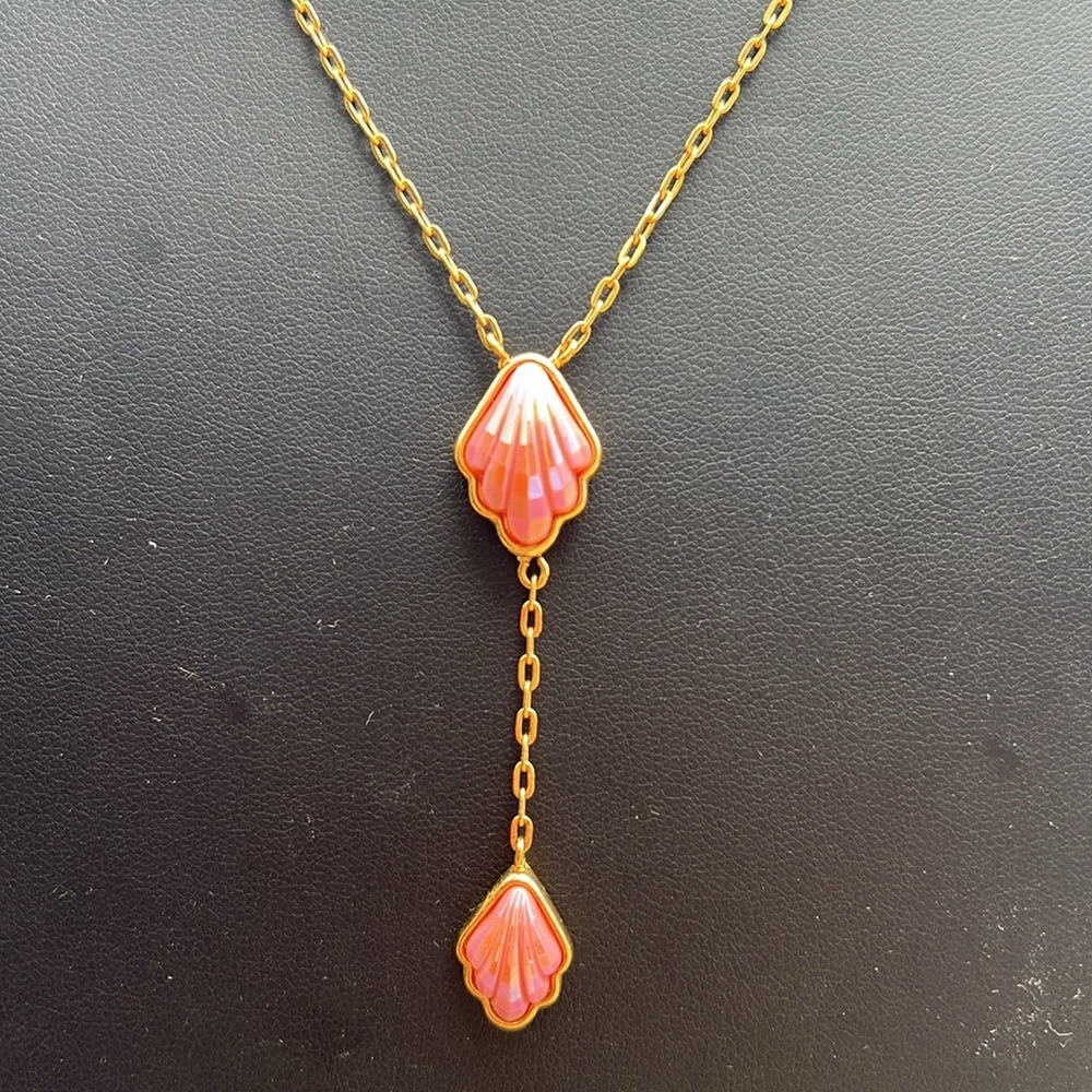Gold tone pink Ab shell necklace seashell lariat castle symbol